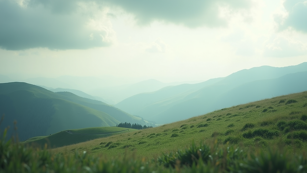 Close-up view of a peaceful landscape featuring soft hills and cloudy skies
