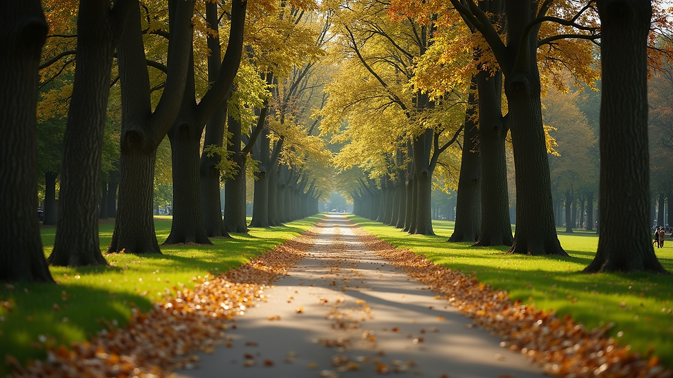 Eye-level view of a serene park path lined with trees