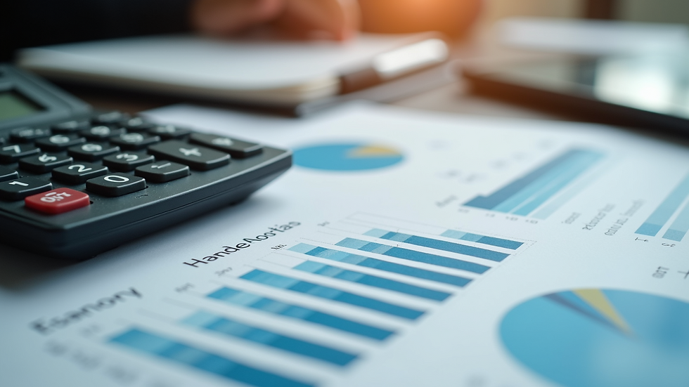 High angle view of a desk with financial charts and a calculator