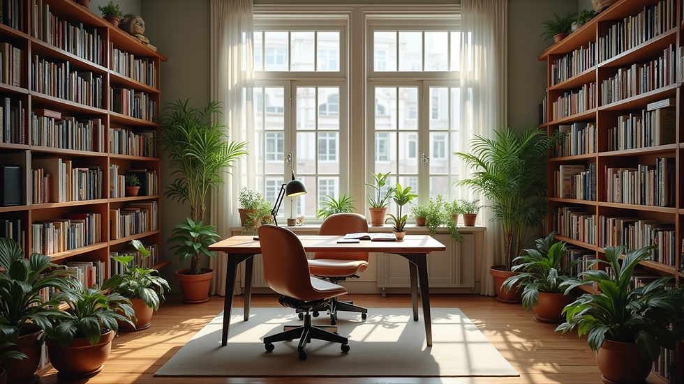 Wide angle view of an inspiring study area filled with books and plants
