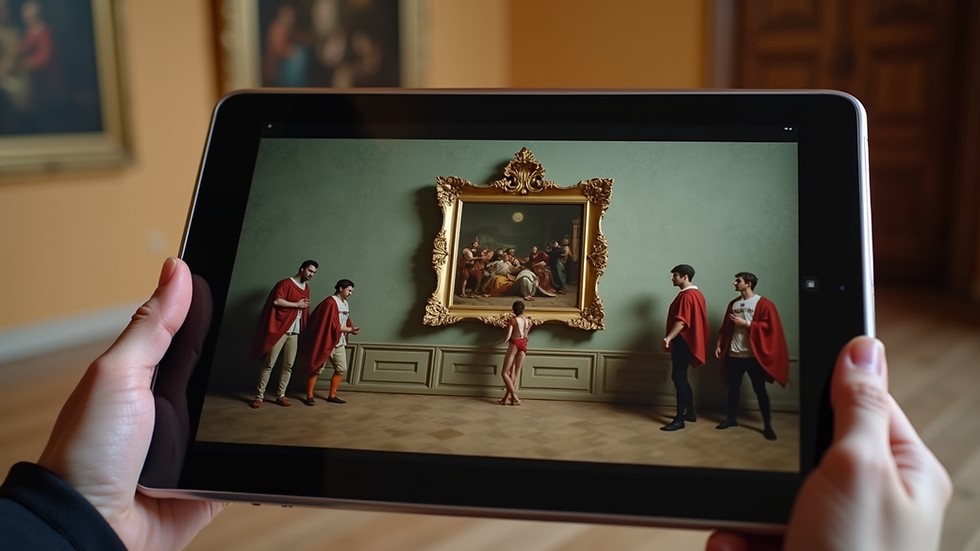Eye-level view of a digital tablet displaying a Renaissance painting