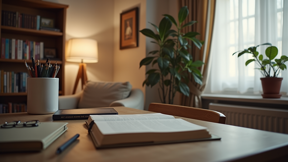 Eye-level view of a cozy corner with a study setup