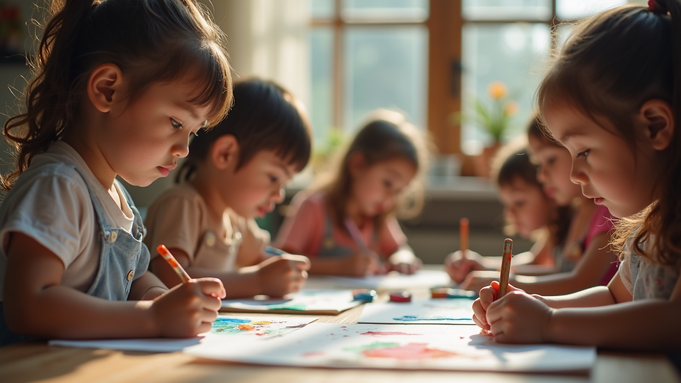 Wide angle view of a child leading a group workshop on painting
