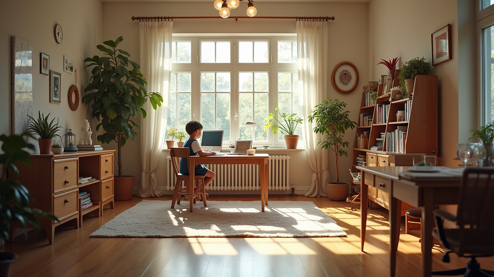 High angle view of a cozy homeschool study area