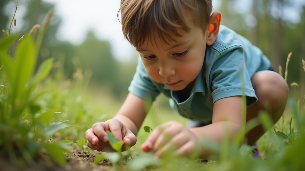 Eye-level view of a child engaging with nature during a science activity