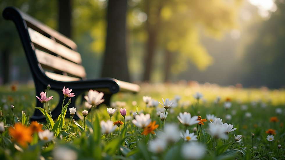 Eye-level view of a serene park bench surrounded by blooming flowers