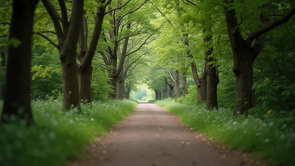Eye-level view of a tranquil nature pathway surrounded by trees.