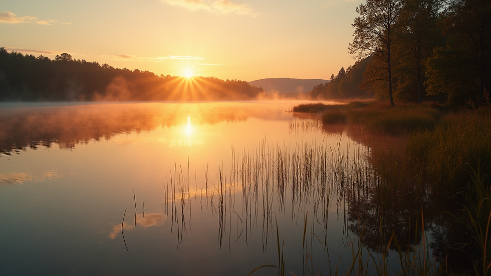 High angle view of a peaceful lakeside setting at sunset