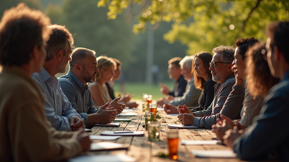 Eye-level view of an outdoor gathering with people sharing stories