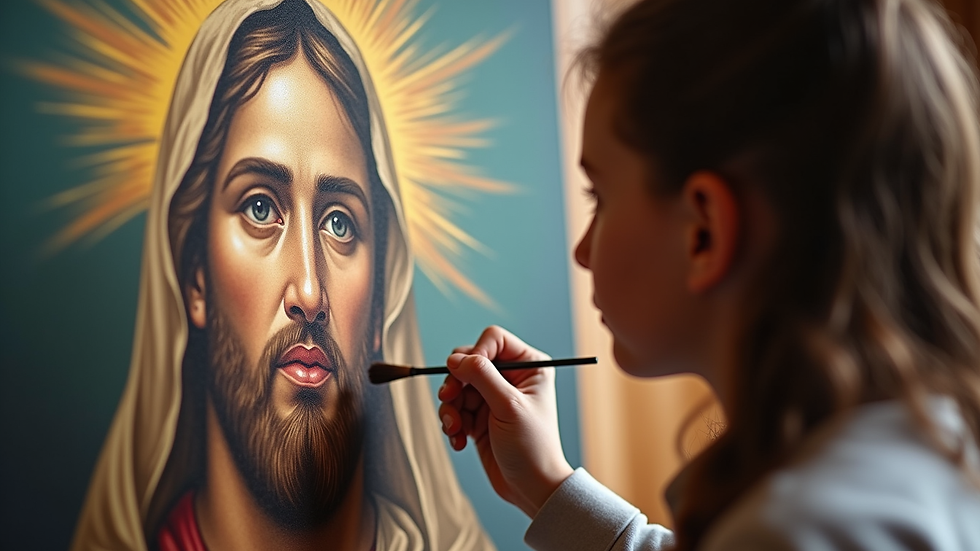 Close-up view of a student painting a replica of a famous Christian artwork