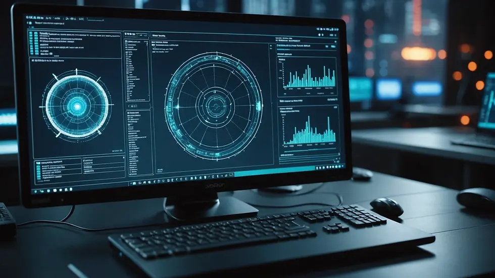 Close-up view of a computer displaying futuristic AI data analysis