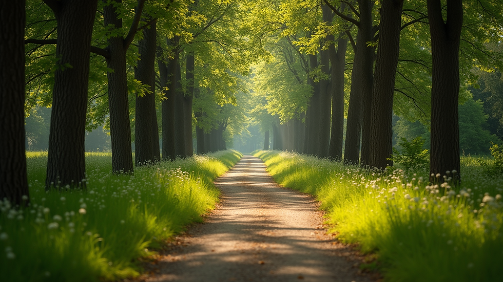 Eye-level view of a peaceful landscape showing a serene path through the trees