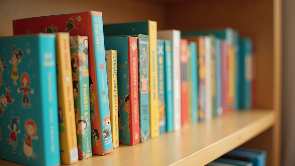 Close-up view of a colorful children's book collection