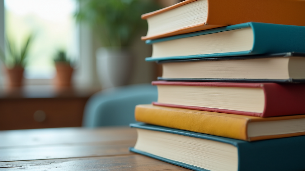 Close-up view of vibrant, colorful books stacked on a table