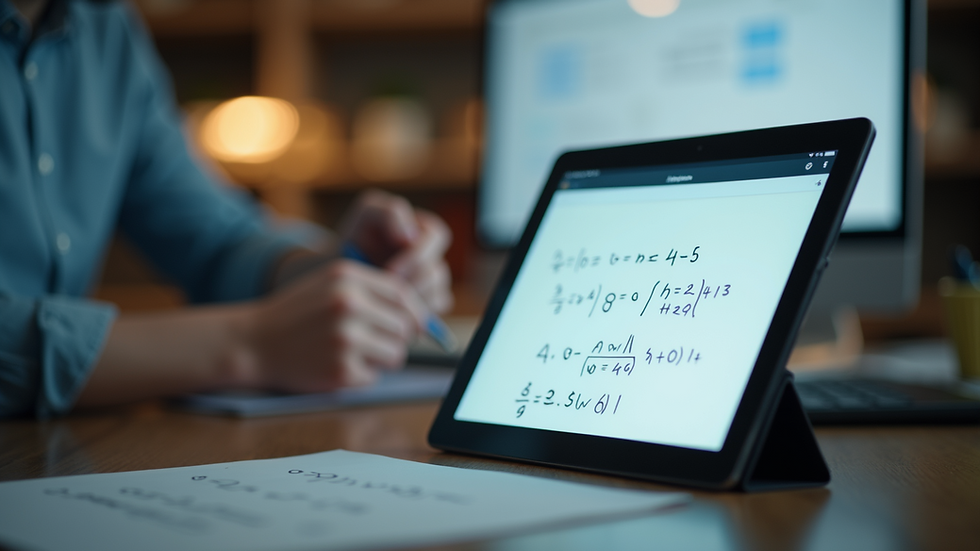 Close-up of a tablet screen showing an interactive math lesson