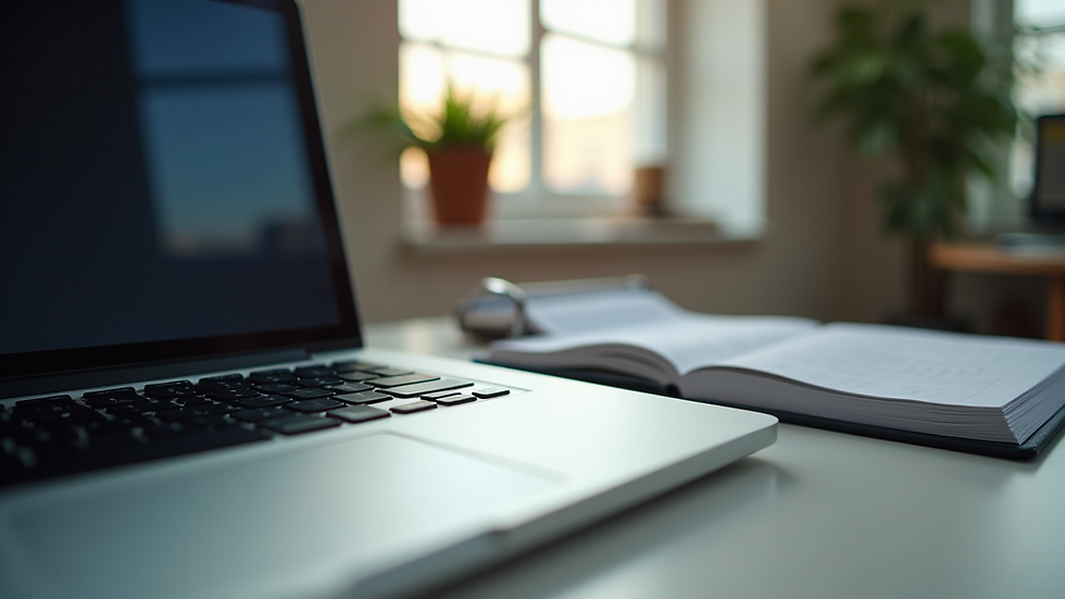 Eye-level view of a laptop on a desk with study materials