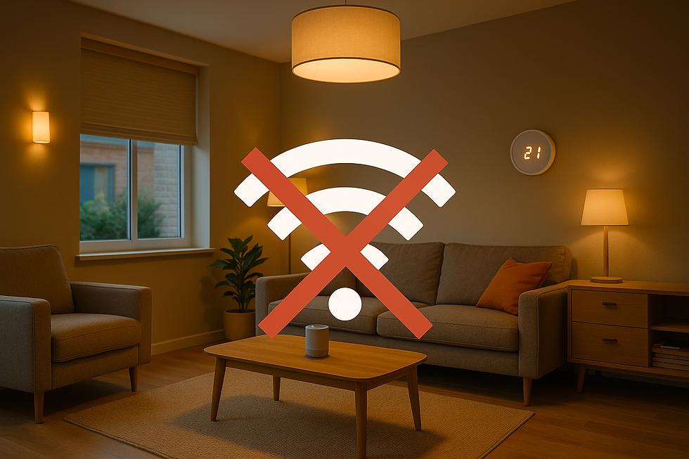 Slimme woning blijft functioneren ondanks uitgeschakelde wifi, lichten en apparaten werken zoals ingesteld.