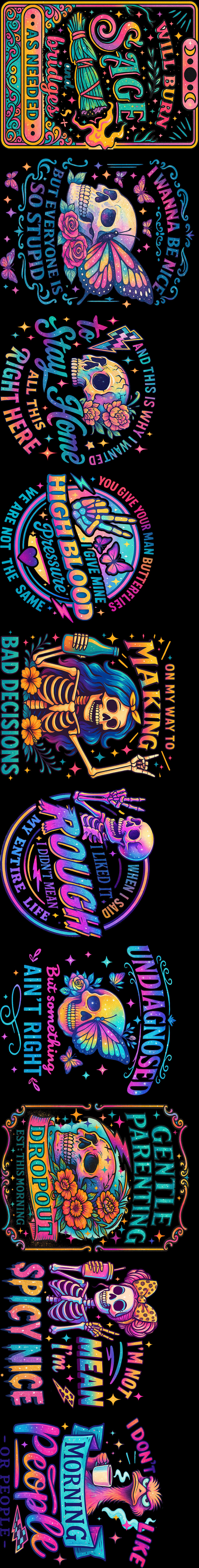 Funny Sarcastic Skulls DTF Gang Sheet| 14" x 112"