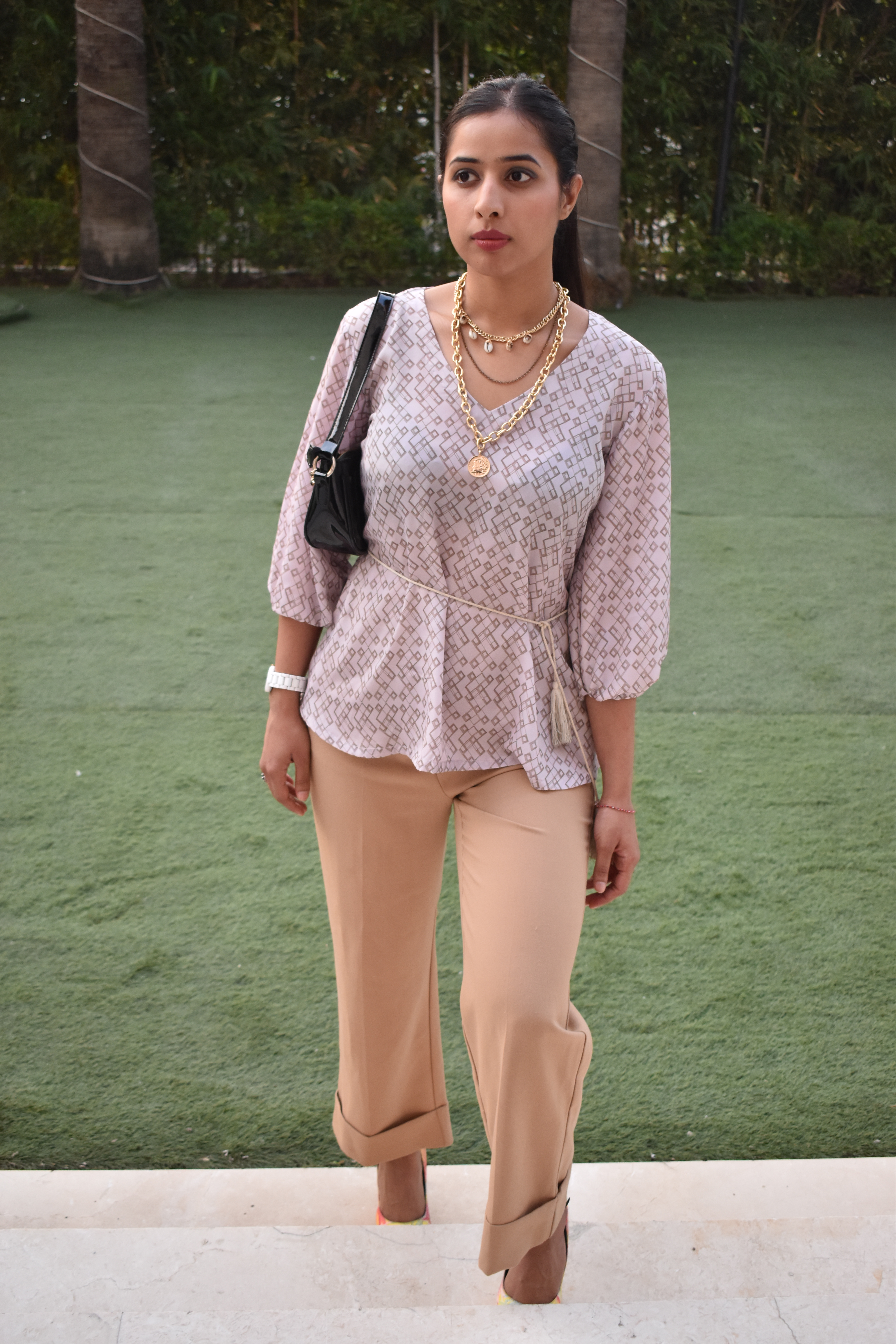 Geometric Print silk satin elbow clenched top