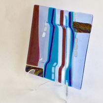 Functional, abstract, blue white and red fused glass square dish by bay area contemporary glass artist Mark Lightfoot 