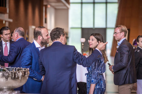 Networking crowd conversing at a corporate cocktail reception in Amsterdam
