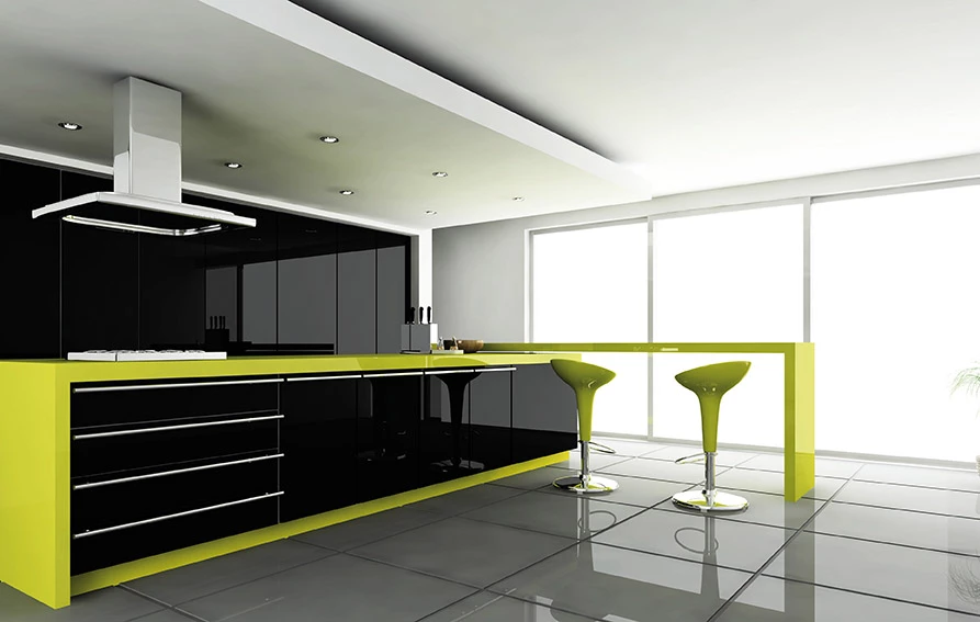 Thumbnail: negro glossy black kitchen and lime green