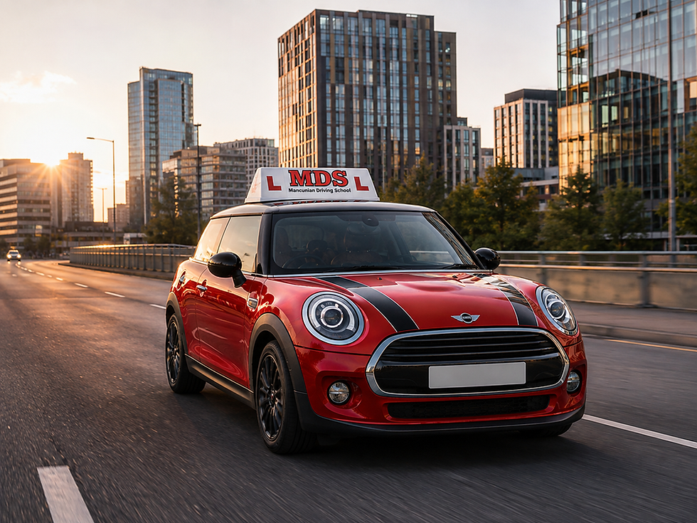 Red Mini Cooper with Mancunian Driving School sign