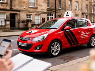 Red learner driving school car on a Manchester street for a guide to driving lesson prices and value
