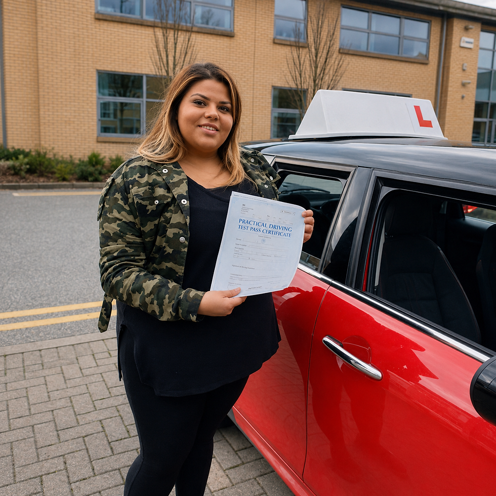 Student holds pass certificate by Mancunian Driving School car