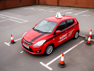 Red learner car practising a reverse bay parking manoeuvre in a marked car park