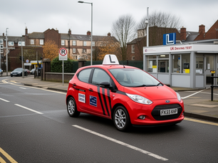 Red learner driving school car approaching a Manchester practical driving test centre