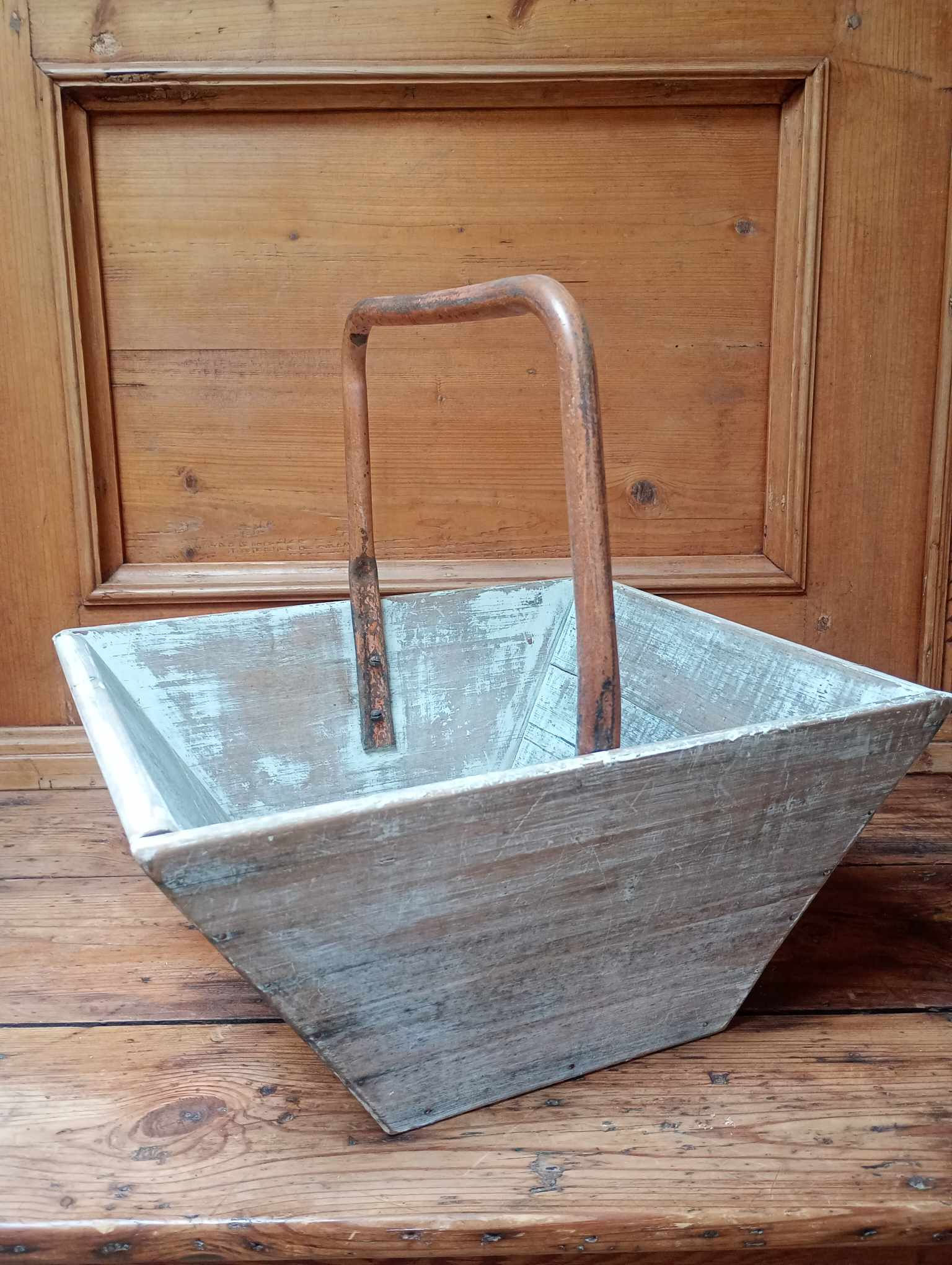 French whitewashed pine timber and iron handled Trug, picking basket