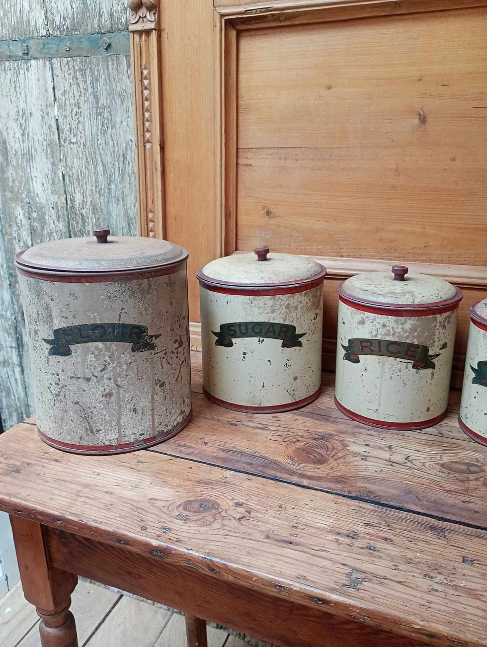 Thumbnail: Rare full set of tin kitchen canisters, original paint work and condition