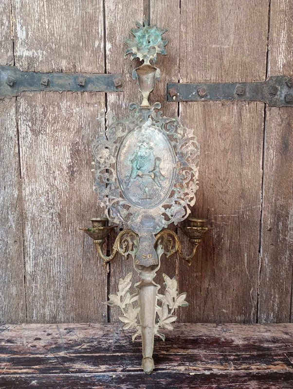 Thumbnail: Antique solid Brass French wall candle Sconce