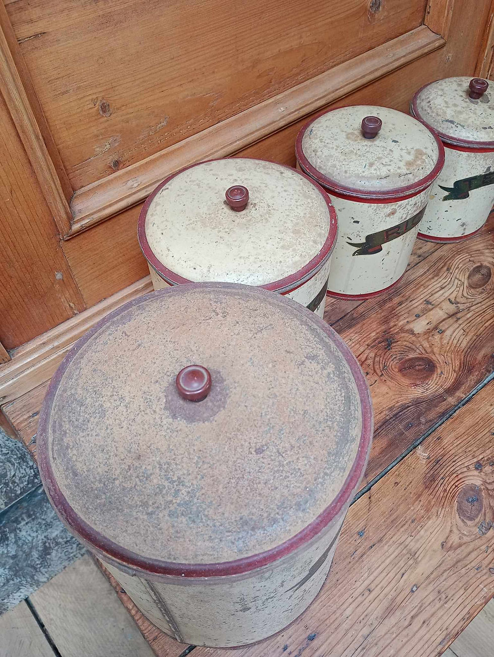 Thumbnail: Rare full set of tin kitchen canisters, original paint work and condition