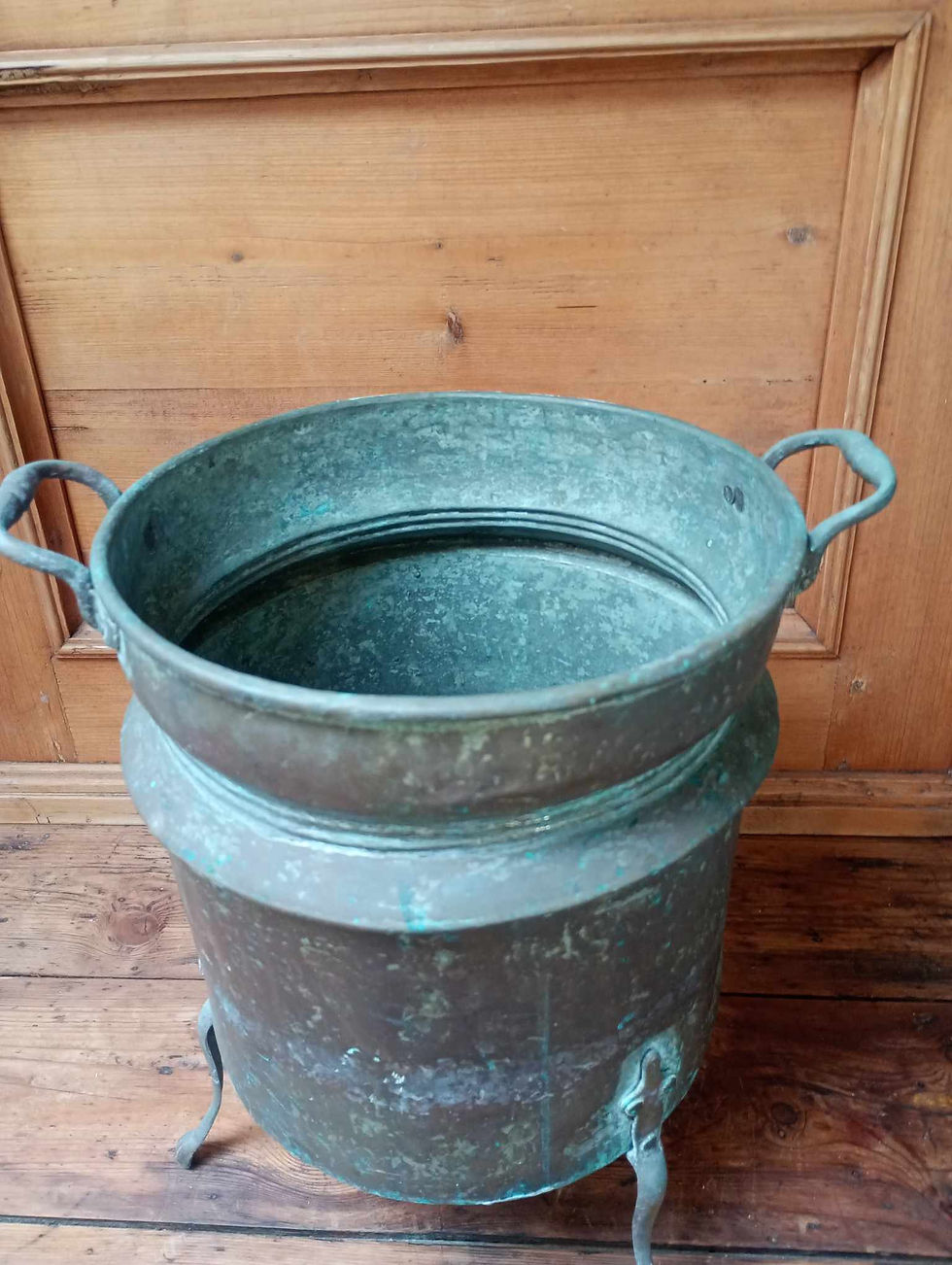 Thumbnail: Large Antique copper footed urn, vessel, beautiful patina