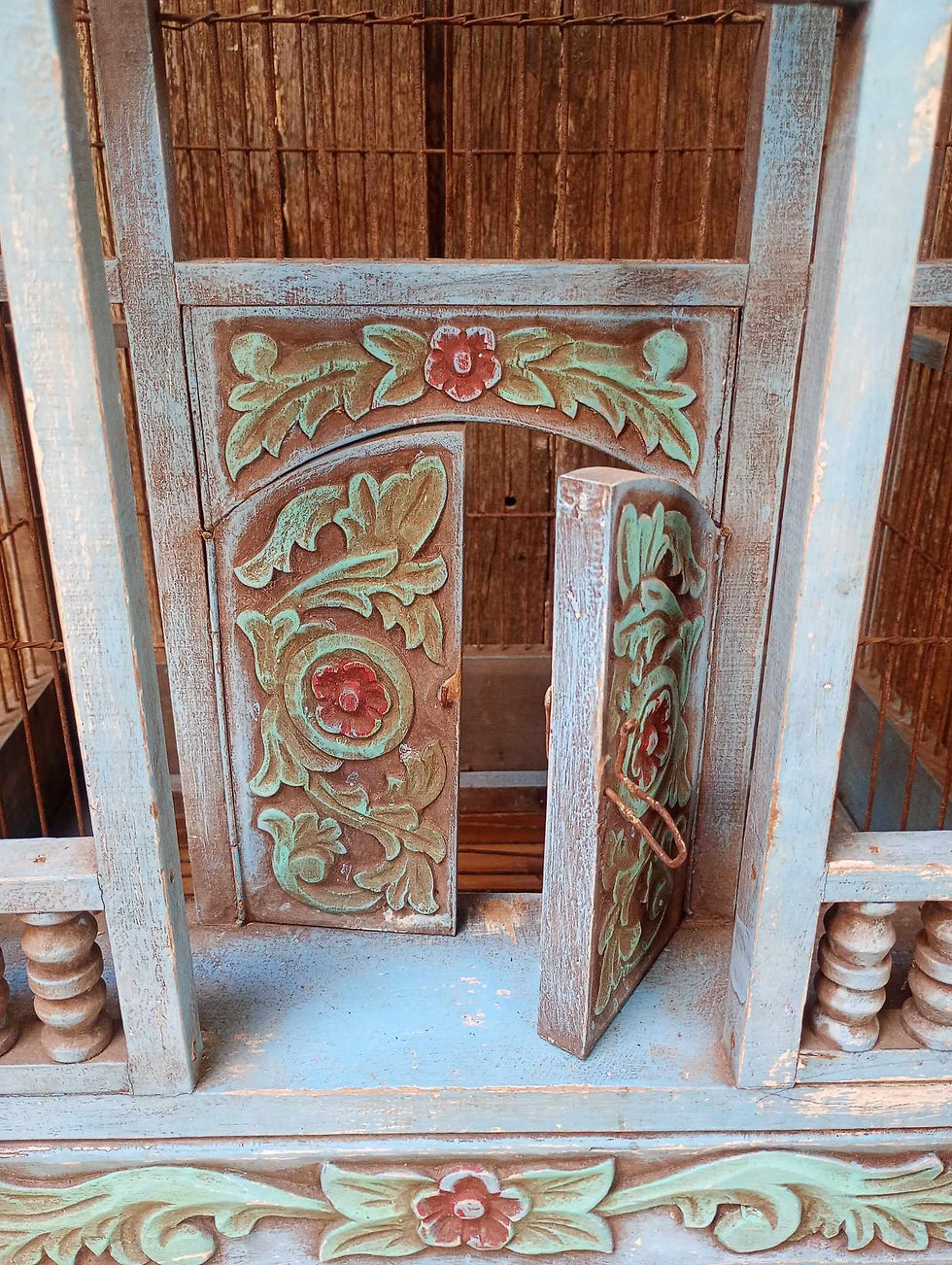 Thumbnail: Rare large old blue painted, ornate domed wood and wire bird cage