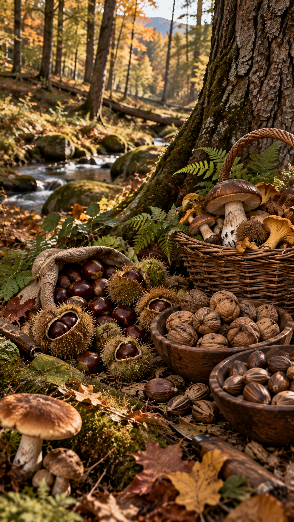 Walnuts, hickory nut, chestnuts, wild mushrooms, forest