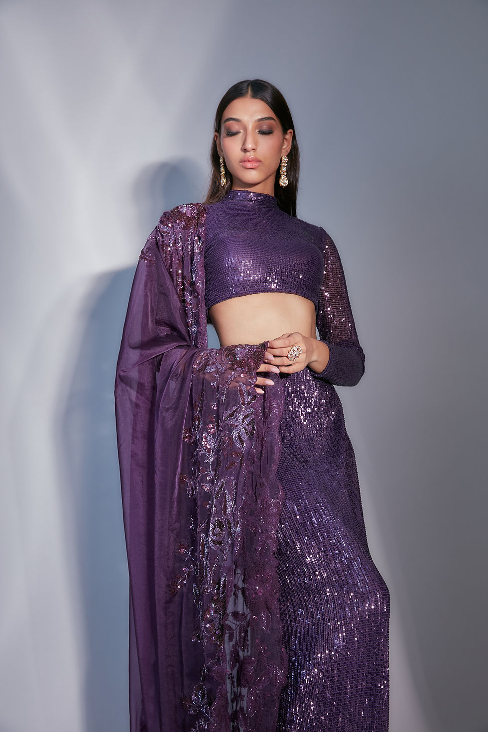 Thumbnail: Purple orgnza,Pleated Sequin High Neck embroidered lehenga set