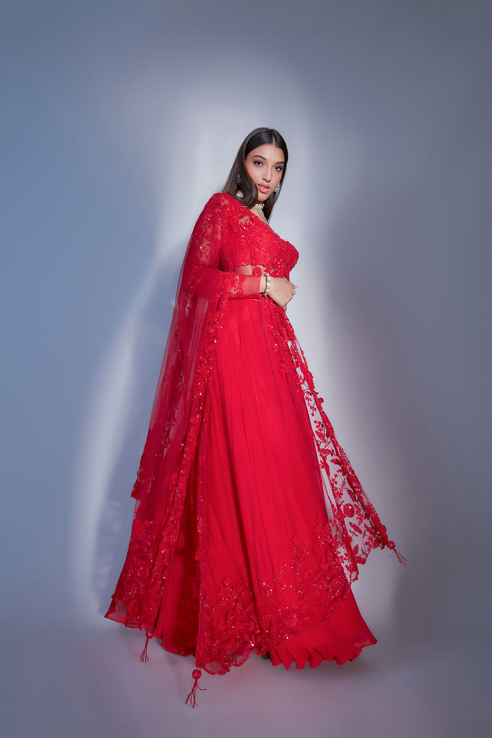 Thumbnail: Red Floral georgette lehnga