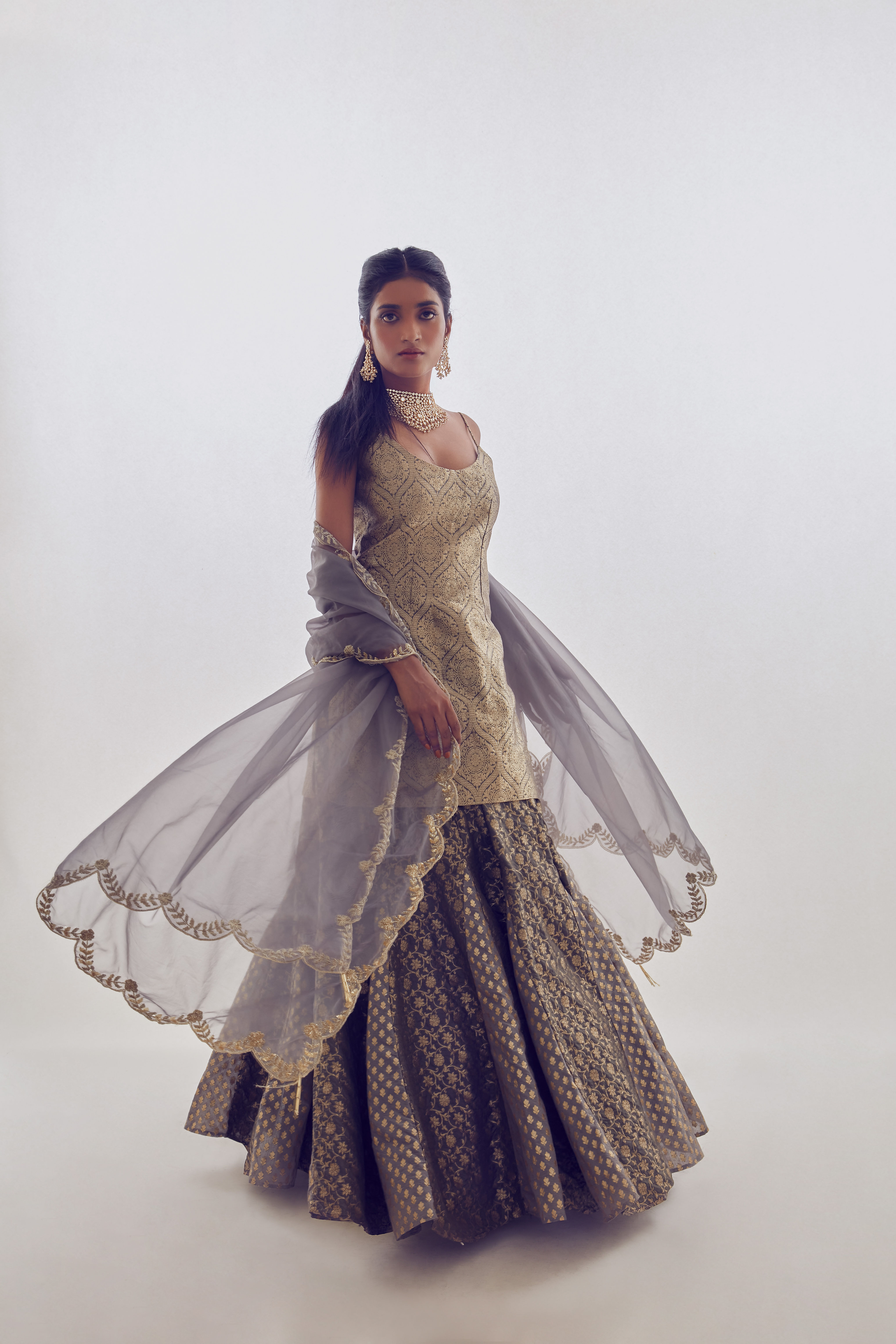 Grey chandler lehnga with organza dupatta and Banarasi Kurti