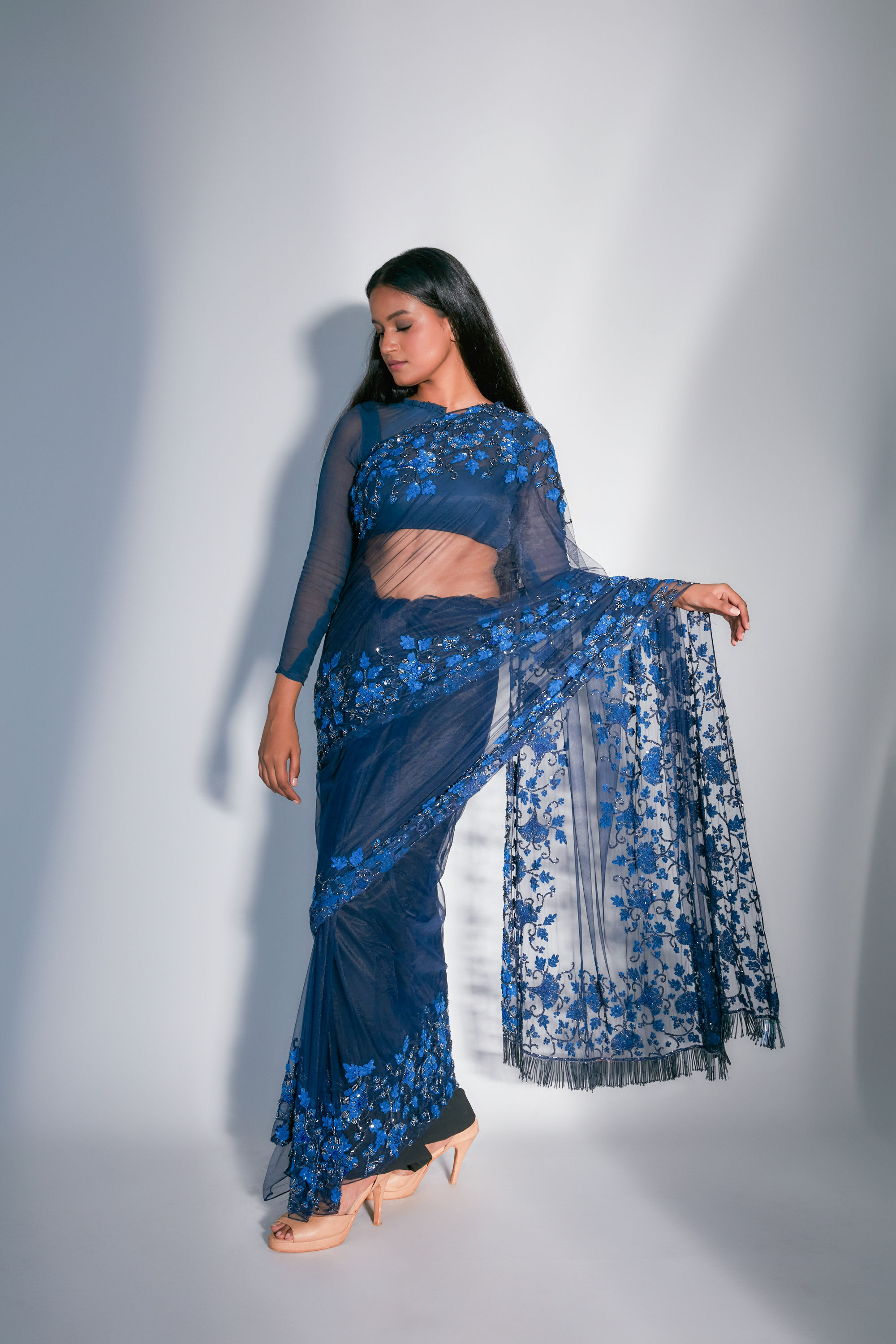 Hand embroidered floral saree