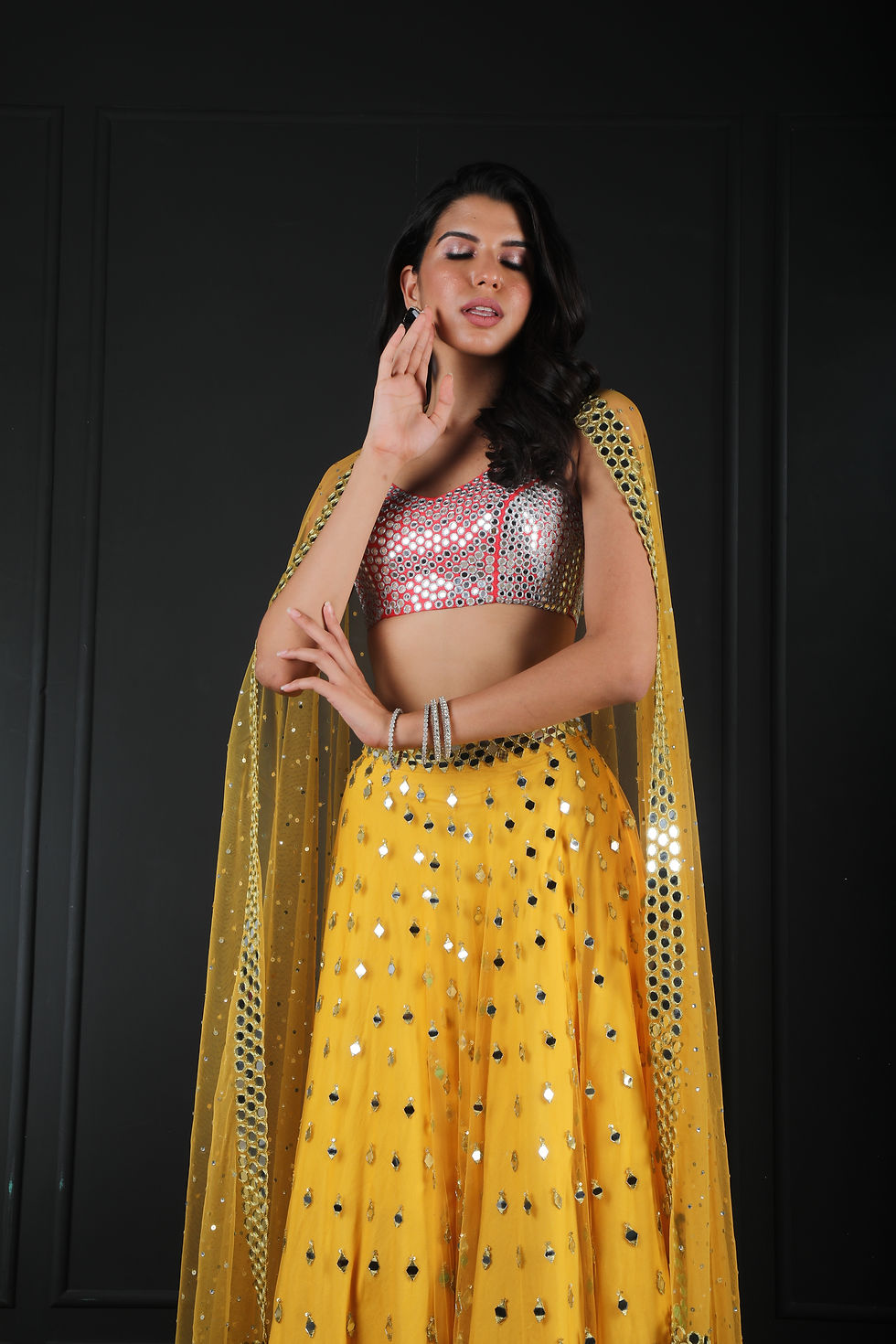 Thumbnail: Yellow mirror lehnga with mirror encrusted blouse and skirt