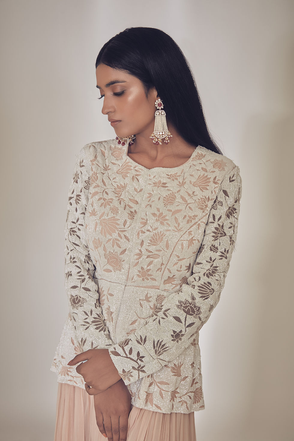 Thumbnail: Hand embroidered peplum jacket with pastel salmon gathered pants