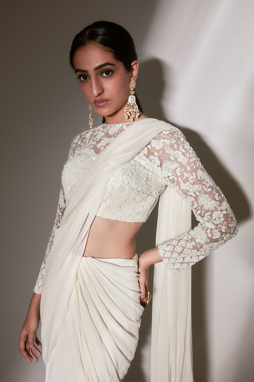 Thumbnail: Ivory Blossom – Handcrafted Saree with Floral Embroidered Blouse