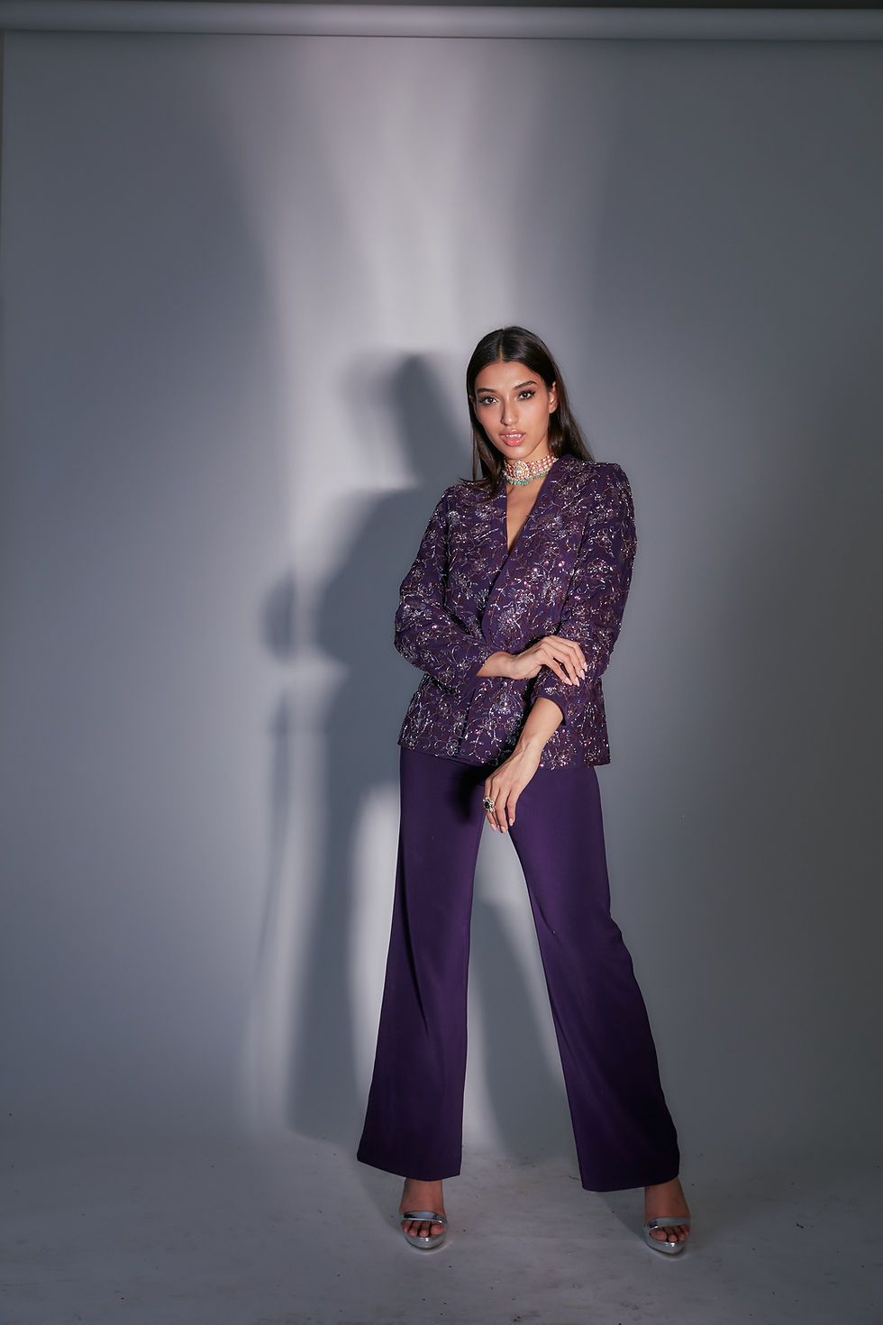 Purple Geogette Italian Cutdana ,hand embroidered pant set