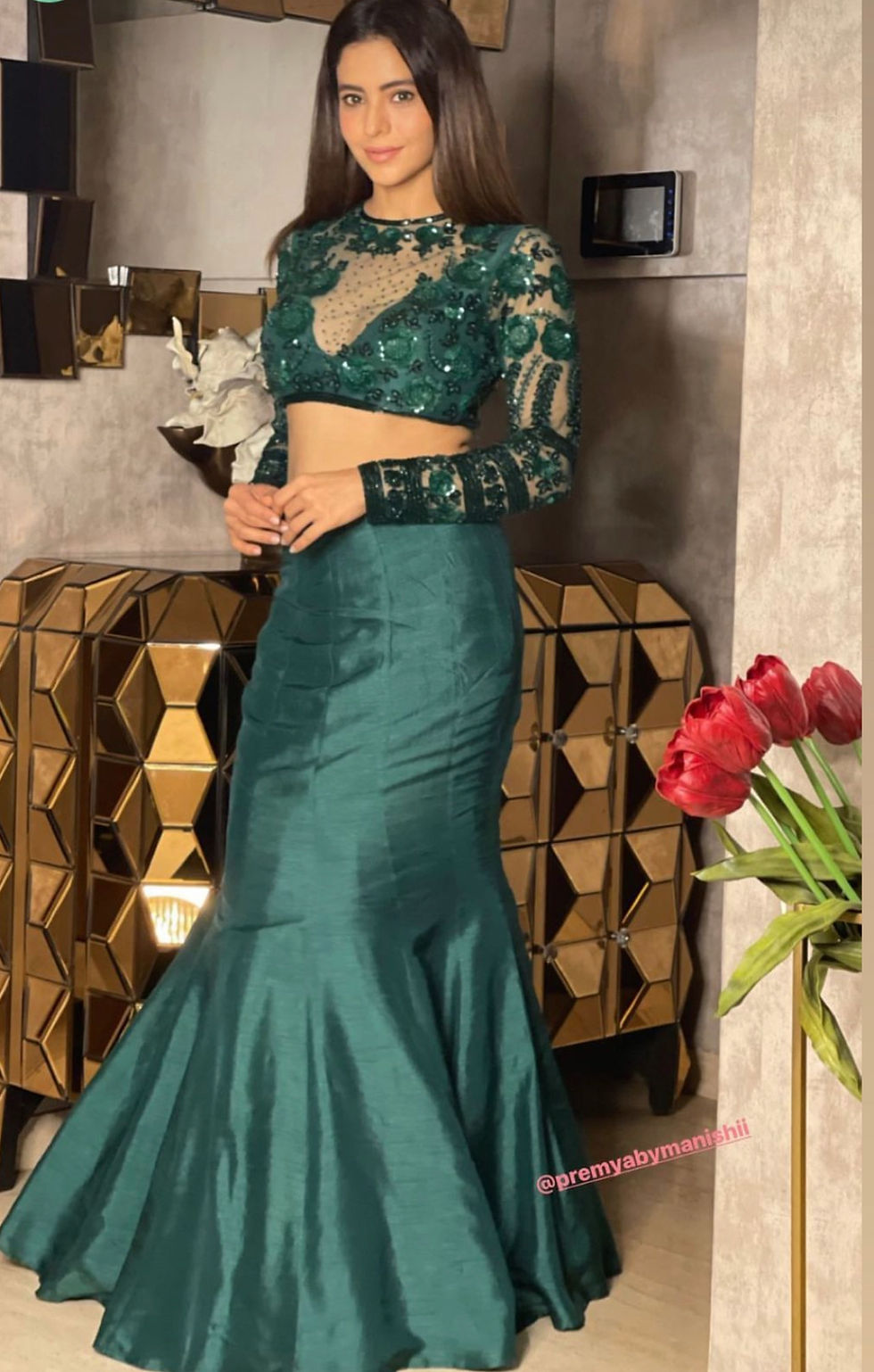Thumbnail: Aamna - Emerald green embroidered lehenga