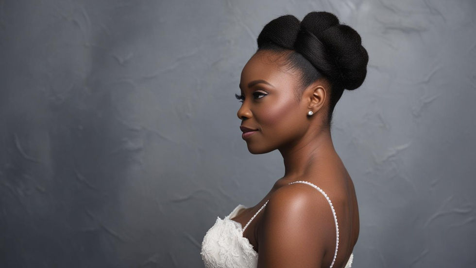 Beautiful black woman in profile with a natural hair wedding updo, styled with a silk press, photographed on a gray backgroun