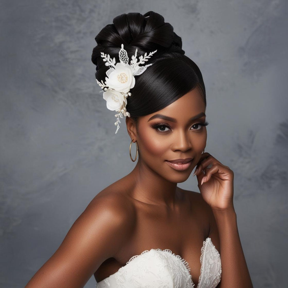 Black woman wearing a classic bridal updo with glossy curls and a white floral hair accessory, posing against a white background.