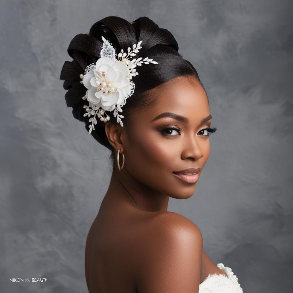 Black woman wearing a classic bridal updo with glossy curls and a white floral hair accessory, posing against a white background.